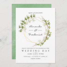 Invitación de boda geométrica con acuarela verde