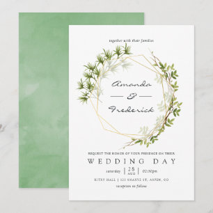 Invitación de boda geométrica con acuarela verde