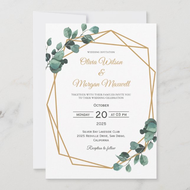 Invitación de boda geométrica con arco dorado y ve (Anverso)