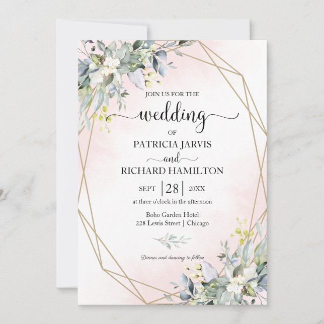 Invitación de Boda Geométrica con Eucalipto Verde (Anverso)