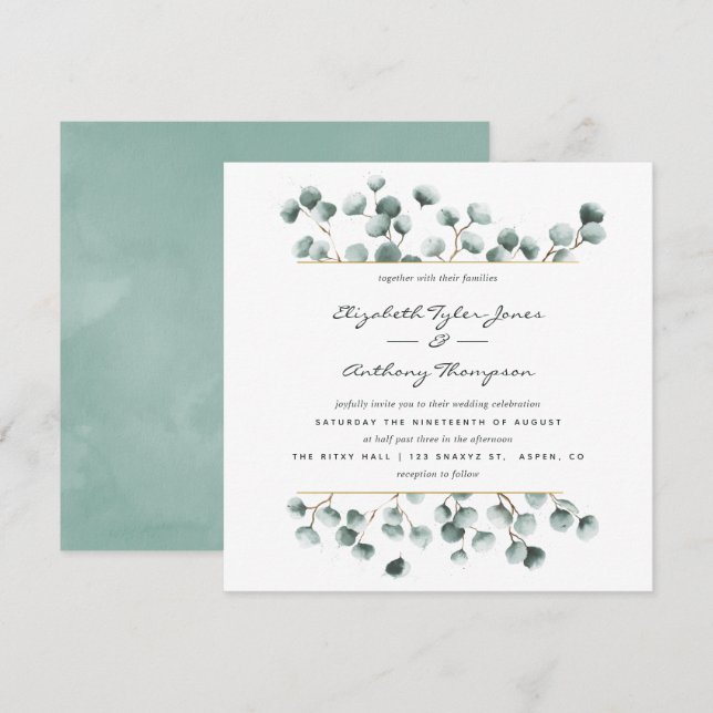 Invitación de boda geométrica de eucalipto acuarel (Anverso / Reverso)