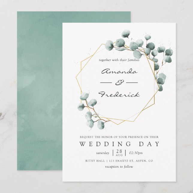 Invitación de boda geométrica de eucalipto acuarel (Anverso / Reverso)