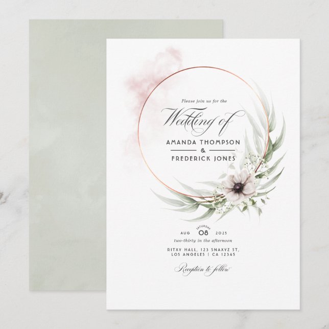 Invitación de boda geométrica de eucalipto acuarel (Anverso / Reverso)