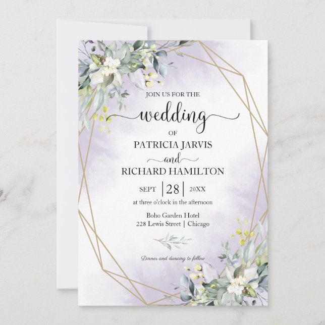 Invitación de boda geométrica de eucalipto con veg (Anverso)