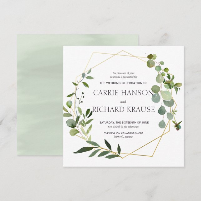 Invitación de boda geométrica de eucalipto dorado (Anverso / Reverso)