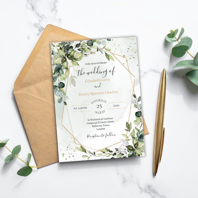 Invitación de boda geométrica de eucalipto en oro  (Subido por el creador)