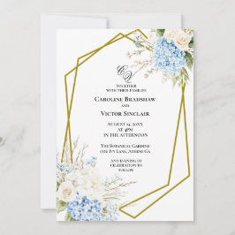Invitación de boda geométrica de hortensia azul