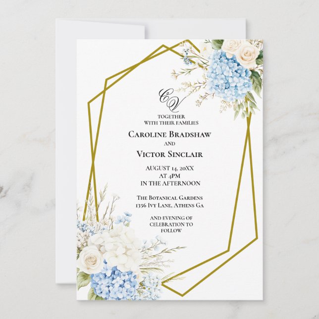 Invitación de boda geométrica de hortensia azul (Anverso)