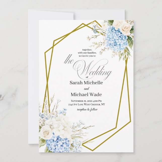 Invitación de boda geométrica de Hortensia Azul (Anverso)