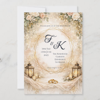 Invitación de boda geométrica de monograma de oro
