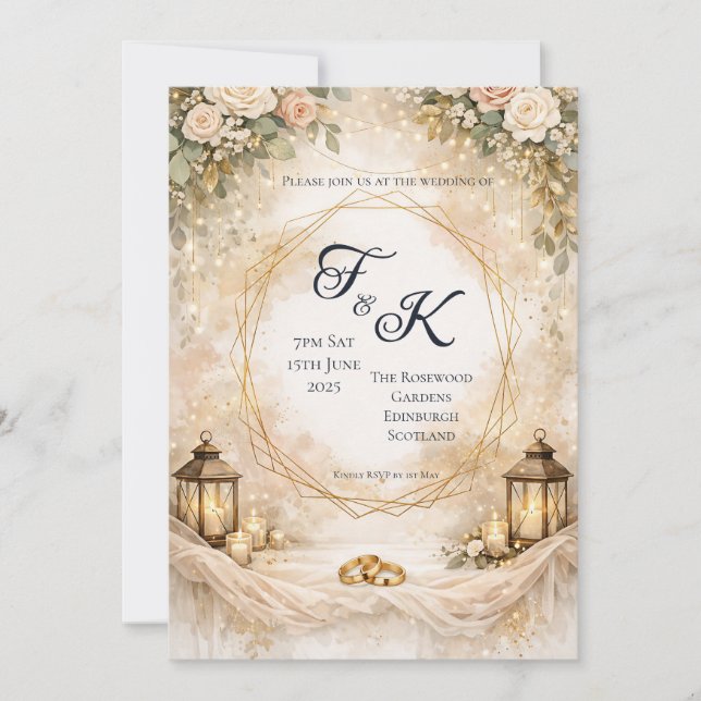 Invitación de boda geométrica de monograma de oro  (Anverso)