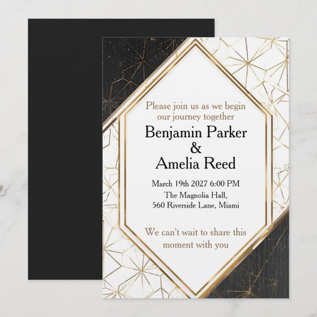 Invitación de boda geométrica de oro negro moderno (Anverso / Reverso)