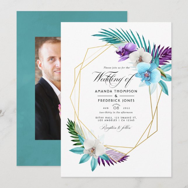 Invitación de boda geométrica de orquídeas tropica (Anverso / Reverso)