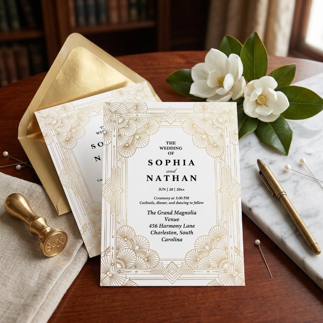 Invitación de boda geométrica dorada Art Deco (Subido por el creador)