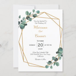 Invitación de boda geométrica dorada con vegetació