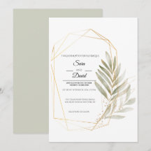 Invitación de boda geométrica dorada con vegetació