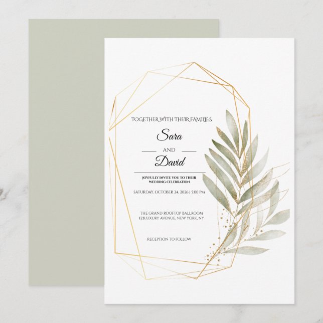 Invitación de boda geométrica dorada con vegetació (Anverso / Reverso)