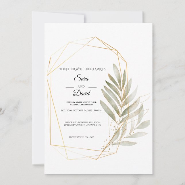 Invitación de boda geométrica dorada con vegetació (Anverso)