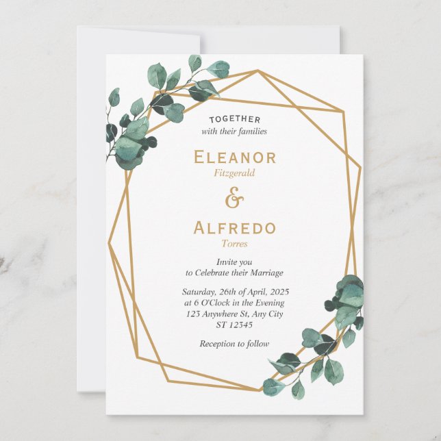 Invitación de boda geométrica dorada con vegetació (Anverso)