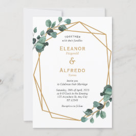 Invitación de boda geométrica dorada con vegetació