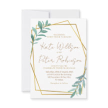 Invitación de boda geométrica dorada con vegetació