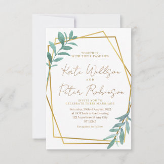 Invitación de boda geométrica dorada con vegetació