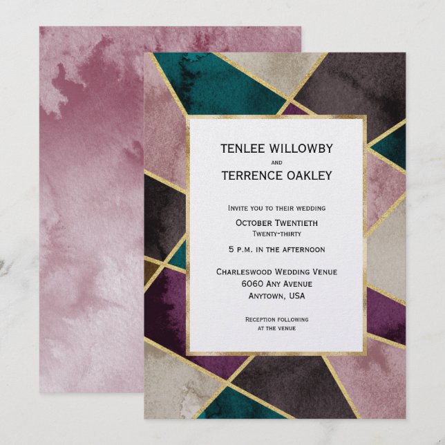 Invitación de Boda Geométrica Dorada Verde Púrpura (Anverso / Reverso)