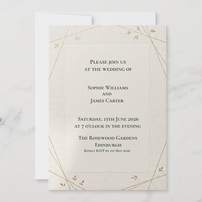 Invitación de boda geométrica dorada y salvia (Anverso)