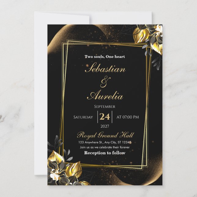 Invitación de boda geométrica elegante en negro y  (Anverso)