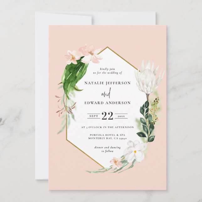 Invitación de boda geométrica en oro de Pastel tro (Anverso)