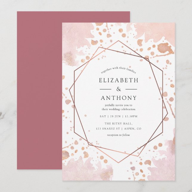 Invitación de boda geométrica en rosa oro y rubor (Anverso / Reverso)