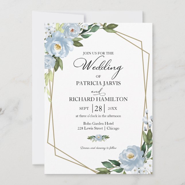 Invitación de boda geométrica floral azul polvorie (Anverso)