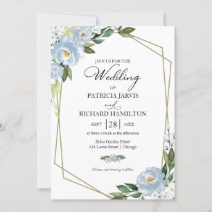 Invitación de boda geométrica floral azul polvorie