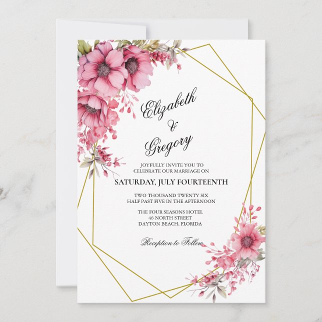 Invitación de boda geométrica floral rosa (Anverso)