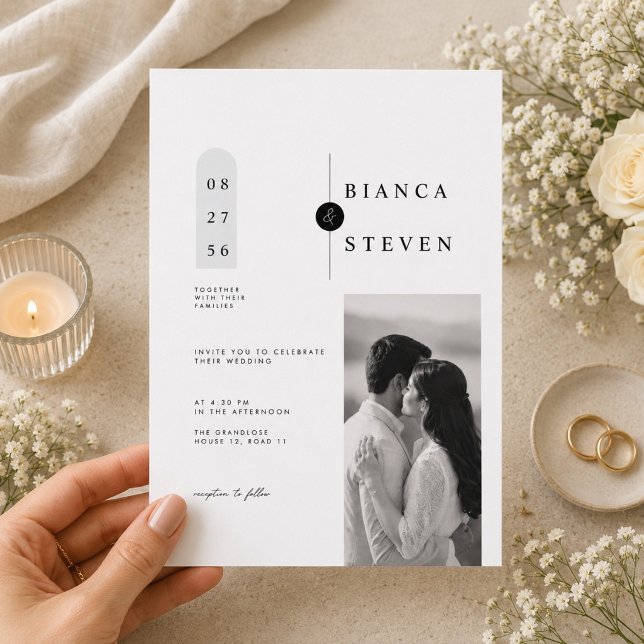 Invitación de boda geométrica moderna con foto. (Subido por el creador)