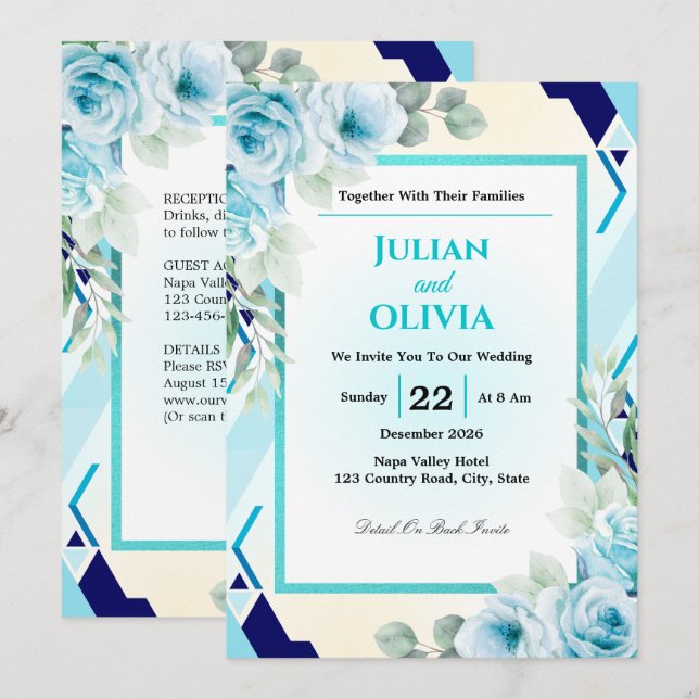 Invitación de boda geométrica moderna en azul turq (Anverso / Reverso)