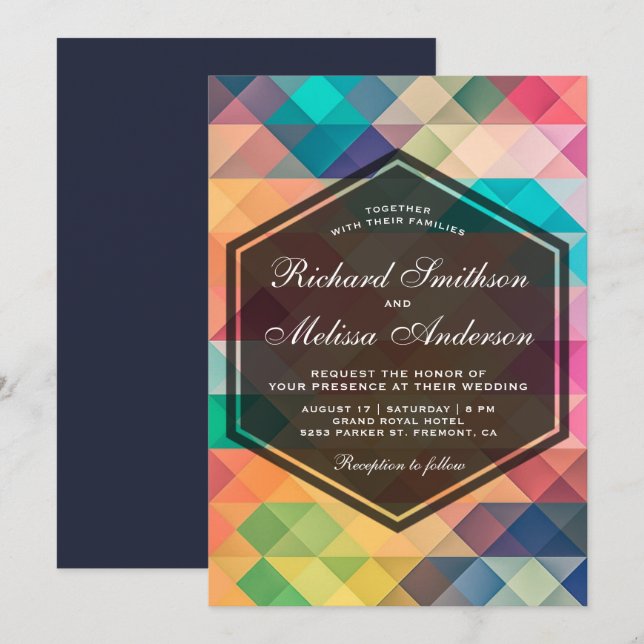 Invitación de Boda Geométrica Mosaico Vibrante (Anverso / Reverso)