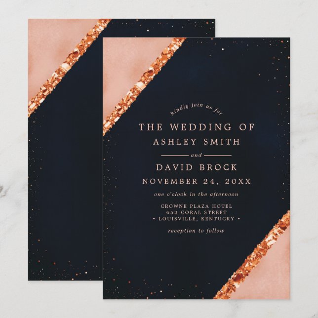 Invitación de boda geométrica Navy Copper Blush (Anverso / Reverso)