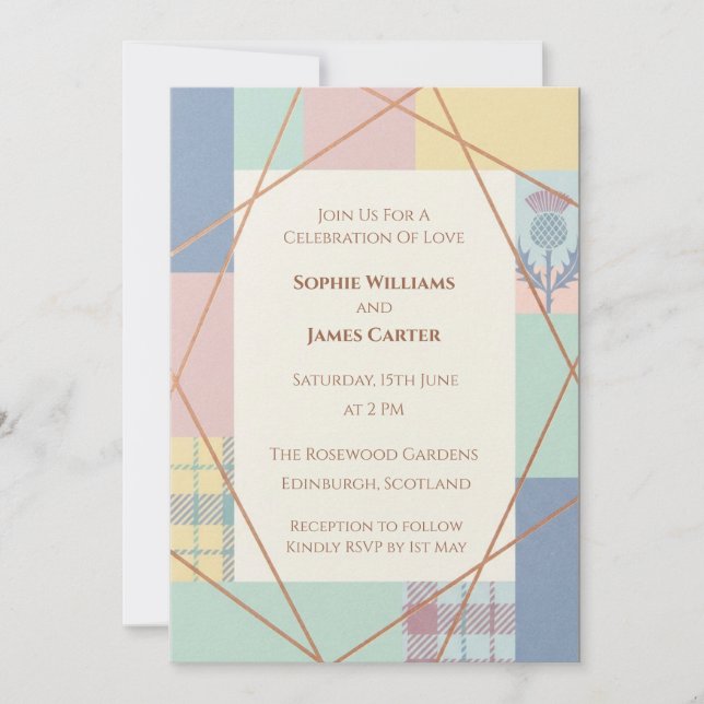 Invitación de boda geométrica pastel (Anverso)