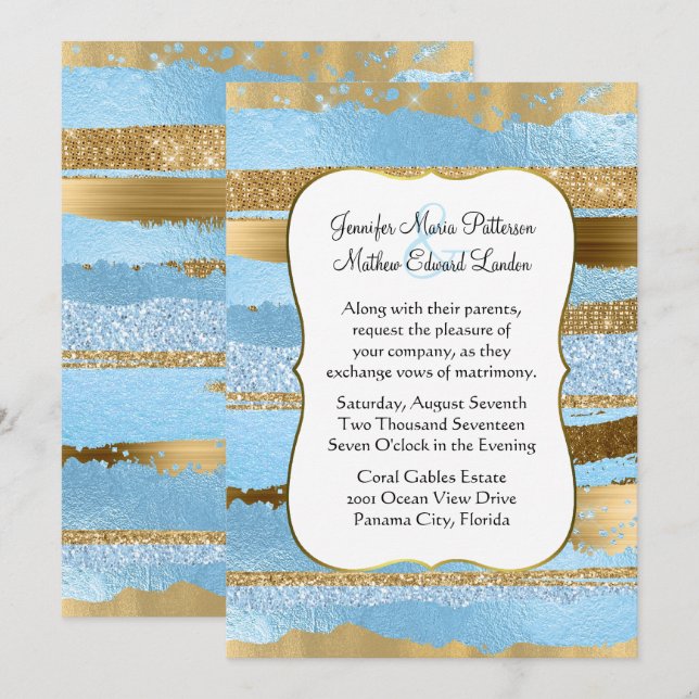 Invitación de boda glamurosa azul y dorada (Anverso / Reverso)
