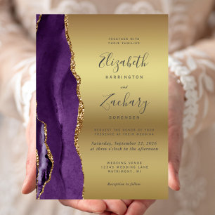 Invitación de boda glamurosa de ágata dorada púrpu