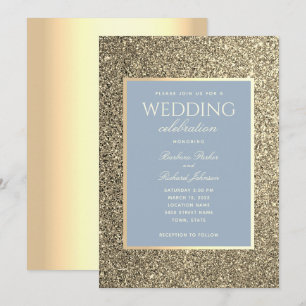 Invitación de boda Glitter Gold y dusty blue
