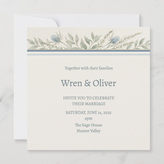 Invitación de boda Globe Thistle azul polvoriento (Anverso)