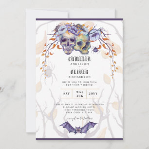 Invitación de Boda Gótica Calaveras Purpura Naranj