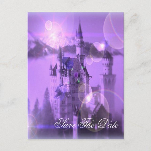 invitación de boda gótica castillo púrpura save th (Anverso)
