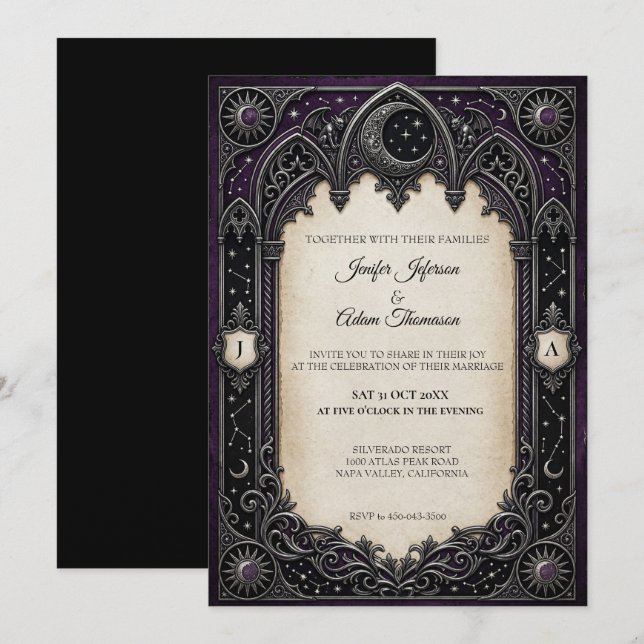 Invitación de boda gótica celestial púrpura (Anverso / Reverso)