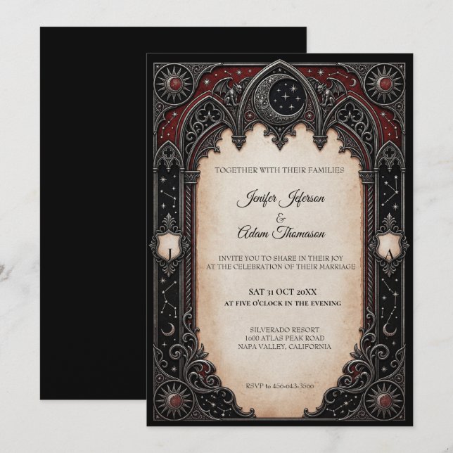 Invitación de boda gótica celestial roja (Anverso / Reverso)