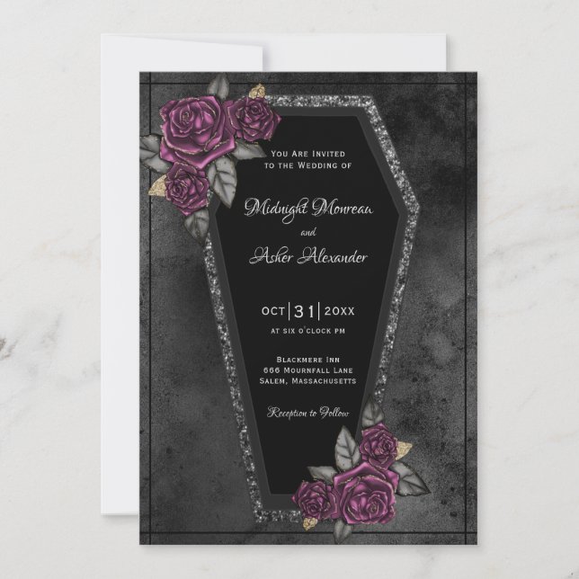 Invitación de boda gótica con ataúd con rosas (Anverso)