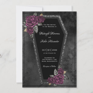 Invitación de boda gótica con ataúd con rosas