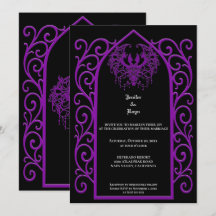 Invitación de boda gótica con borde morado ornamen